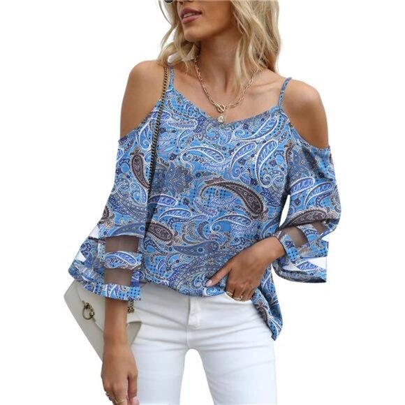 Boho Paisley Printed Mesh Panel 3/4 Bell Sleeve Off Shoulder Flowy‎ Top Blouse - Picture 1 of 5